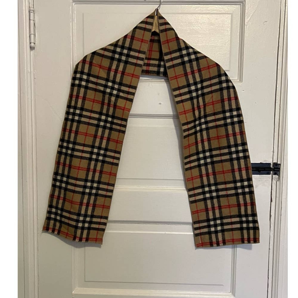 Plaid wool blend scarf tan black red white